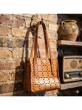 Caterina Lucchi Mini Tote Bag Tan Brown Leather Laser Cut Boho Artisan Handbag
